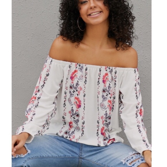 - Boho White Floral Print Elastic Off Should… - Picture 2 of 4